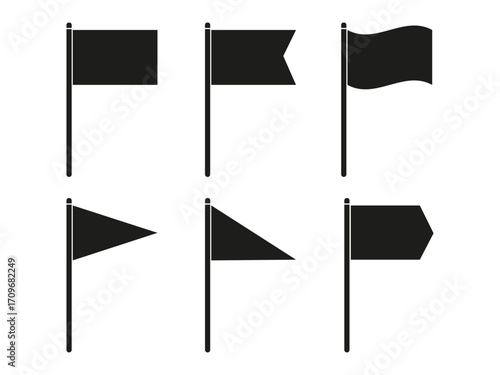 Illustration of six vector flag shapes. Flat black color. Used as a symbol or icon.