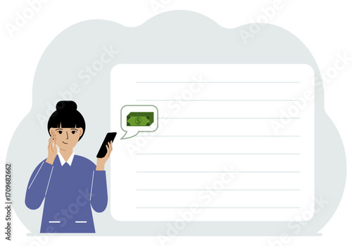 A woman holds a phone to which a message about money has arrived. The concept of online earnings, income generation.