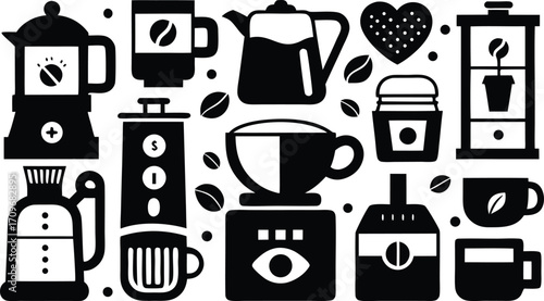 Coffee Icons Set – Beans, Cups, Makers, Grinder, Packaging, Brewing Illustrations
