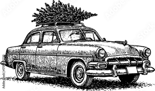 Vintage car with a tree on top, depicted in black and white outline style. This illustration showcases classic transportation elements in a scenic set.
