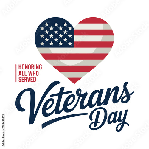Veterans day script, patriotic heart shape, american flag pattern, honoring all who served message, elegant greeting poster, vector