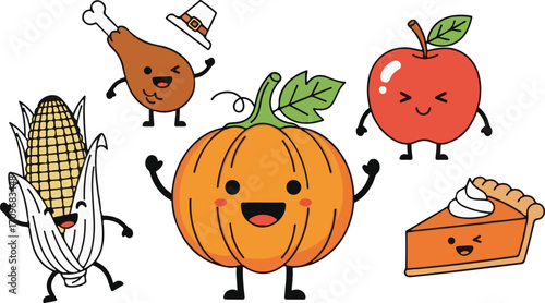Cute thanksgiving food characters celebrating together