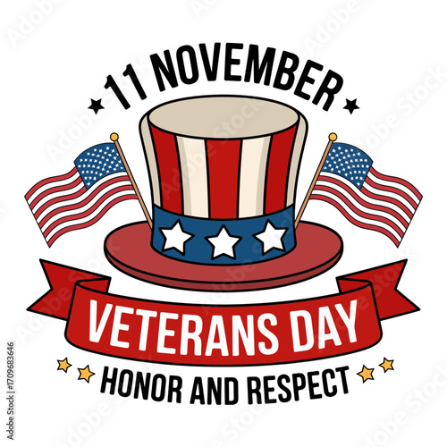 11 november veterans day badge, patriotic cylinder hat, flags, stars ribbon, honor and respect theme, vector illustration
