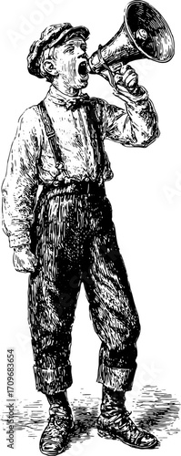 Boy with megaphone in vintage clothing shouting. Handdrawn black and white style vector illustration.