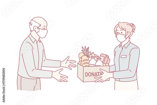 Charity and donating food concept. Young woman volunteer in medical protective mask giving Box with donation word full of products food for elderly man vector illustration