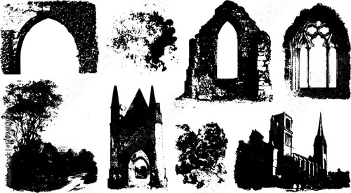 Engravings of vintage architectural ruins featuring trees and grunge textures. Black and white line illustration set in vector style.