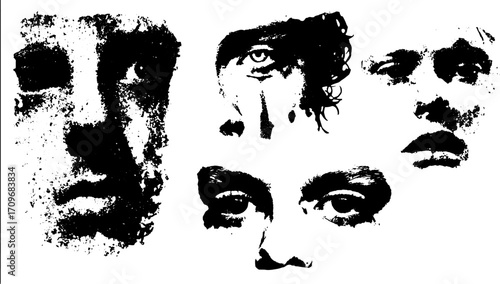 Engravings of human faces in a vintage style. Black and white line drawing with grunge texture in a set of unique artistic vector illustrations.