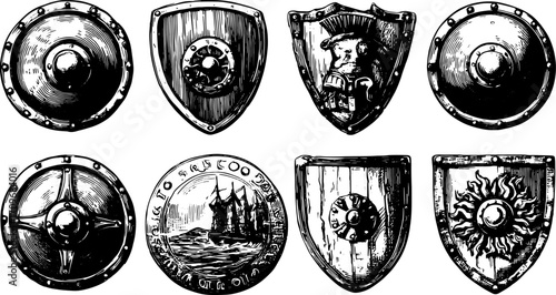 Vintage shields illustration set in black and white, featuring detailed engraving and line drawing styles. Ideal for vector artwork showcasing historical themes.