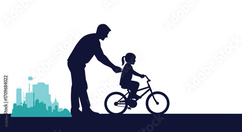 A father teaches his daughter to ride a bicycle in a city park.