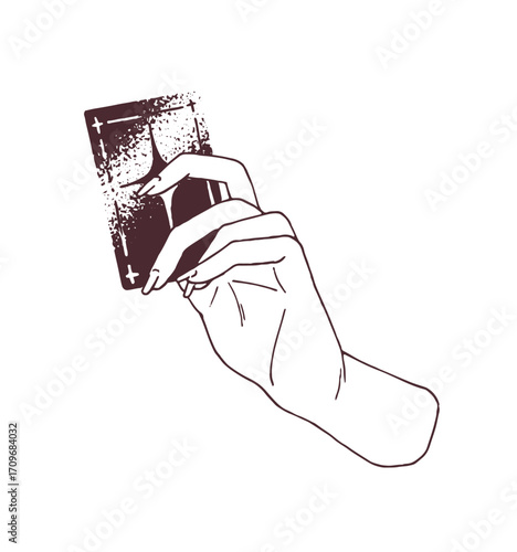 Vintage tattoo of human hand holding tarot. Woman does divination, fortune telling with card. Sketch of magic, esoteric tatoo. Mystic tatto. Hand drawn outline isolated vector illustration on white