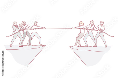 Business team and competition concept. Groups of business people teams coworkers competing with rope from opposite sides of abyss vector illustration