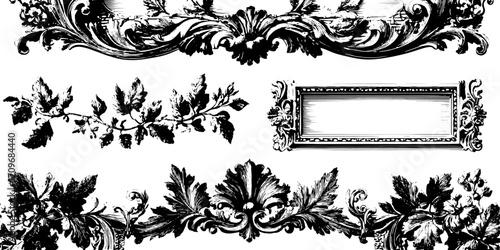 Engravings in vintage style featuring decorative ornaments and borders. This vector illustration showcases intricate designs, ideal for various applications.