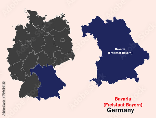 Map of Germany, Map of Germany states Vector Illustration. Map of  Bavaria (Freistaat Bayern).
