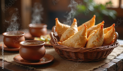 Delicious samosas and tea, perfect for a traditional Indian meal.