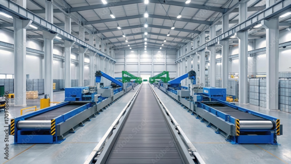 Obraz premium A spacious industrial facility with conveyor belts and robotic machinery, designed for efficient transport and processing of goods.