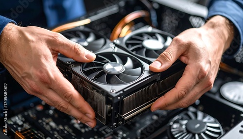 Tech Expert Installing Graphics Card into PC with Building Computer System Close Up.
