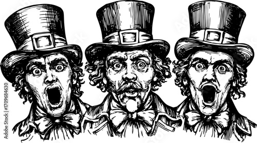 Vintage illustration of a circus man with a top hat. The graphic features three exaggerated expressions in black and white, suitable for a vector illustration.