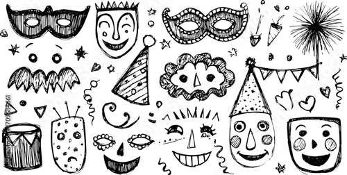 Party masks and clown faces in a simple black and white vector illustration. Fun graphic set depicting various expressions and playful shapes for festivities.