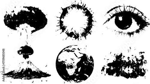 Vector illustration featuring an explosion, eye, and earth in monochrome style. This graphic set reflects themes of impact and perception.