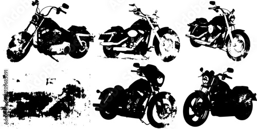 Motorcycle illustrations in black silhouette style. Vintage vector set showcasing various bike designs and features with an artistic touch.