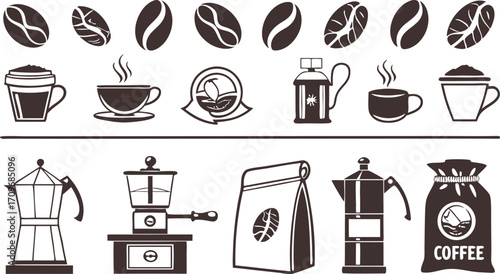 Coffee Icons Set – Beans, Cups, Makers, Grinder, Packaging, Brewing Illustrations