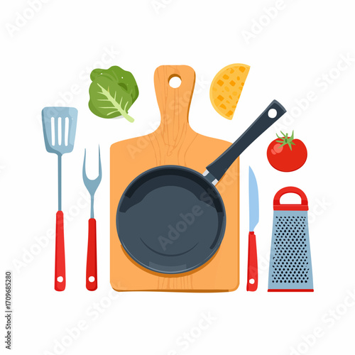 Kitchen utensil set. Frying pan, cutting board, grater, wok and other cooking tools, kitchenware collection. Vector illustration.