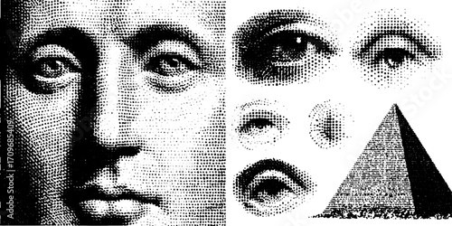 Face and eyes illustrated through a pattern of dots. Abstract representation includes a pyramid in a monochrome vector illustration set.