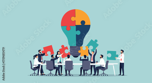 Diverse team brainstorms business ideas forming a giant colorful puzzle lightbulb above meeting table