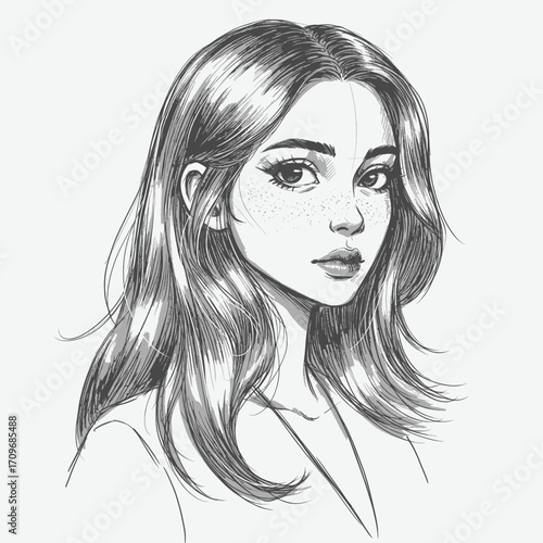 Beautiful pencil sketch portrait of a young woman with long wavy hair and subtle freckles, realistic black and white drawing, serene facial expression illustration.
