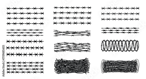 Collection of abstract linear patterns resembling barbed wire and rough textures.