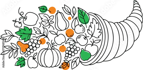 Cornucopia overflowing with abundant autumn harvest fruits vegetables and festive seasonal elements