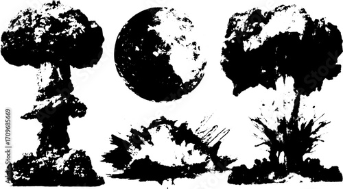 Mushroom explosion cloud in black and white. Vector illustration showing an impact effect and explosive visual energy.