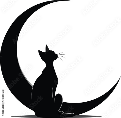 Cat on Crescent Moon Silhouette — Black Vector of Sitting Feline in Whimsical Night Scene with Minimalist and Mystical Vibes