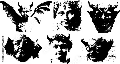 Demon face sculptures in black and white. Ornate and textured details showcase mythical and gothic elements in this vector illustration set.