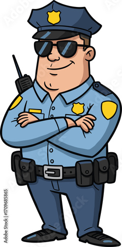 Cartoon police officer illustration, friendly law enforcement character, blue uniform with badge, sunglasses, confident stance, utility belt, approachable security figure