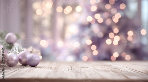 Soft lavender Christmas ornaments rest on a rustic wooden table with sparkling blurred lights in the festive background.