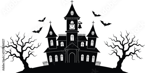 Spooky haunted house with clock tower and bell, flying bats, twisted bare trees, Halloween night silhouette, creepy eerie vector illustration.