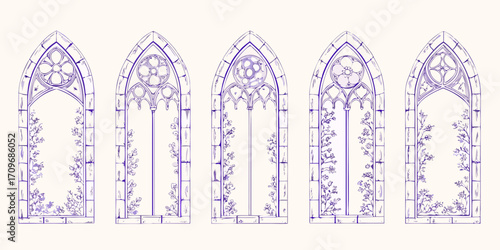 Set of five gothic arched windows with intricate tracery and floral vine decorations in a hand drawn style
