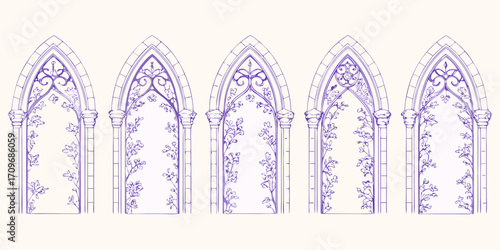 Gothic architectural arches with intricate floral vine patterns and stone columns in purple outline