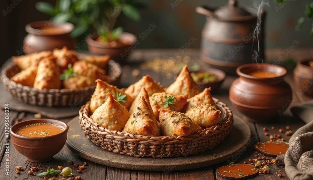 Naklejka premium Delicious Indian Samosas in a Woven Basket, Perfect for a Culinary Image
