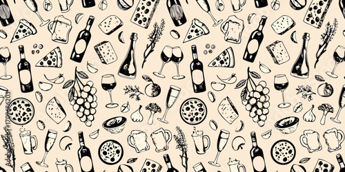 Hand drawn sketch pattern of wine bottles cheese grapes pizza and beer mugs on a light background
