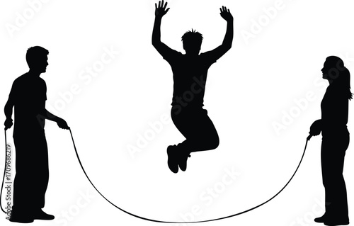 Jump rope silhouette, kids playing together, teamwork coordination activity, black vector figures, outdoor childhood fun, group game motion,