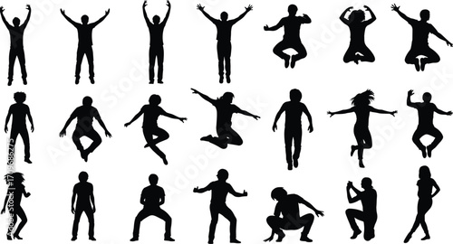 Silhouette, people, dynamic, poses, vector, illustration, jumping, dancing, squatting, expressive, movement, human, form, action, energy, black, white, background,