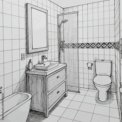 Detailed pencil sketch of a contemporary bathroom interior with bathtub, toilet, sink vanity, and decorative patterned tiles, realistic black and white drawing.
