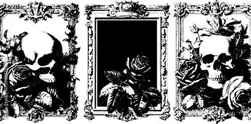 Gothic skull with roses in an ornate frame. Intricate black and white vector illustration for decor or artistic set.