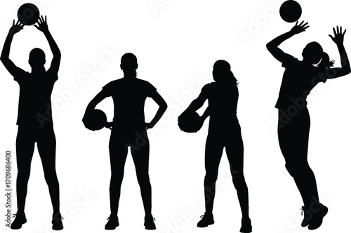 volleyball players silhouette, female athletes playing, black and white vector, sports illustration, dynamic movement, athletic women, sport action scene,