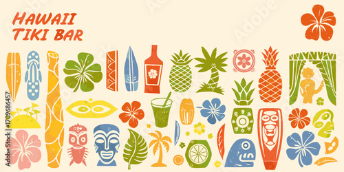 Vibrant hawaii tiki bar tropical pattern with surfboards pineapples and flowers