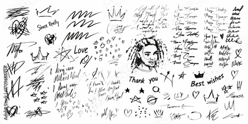 Collection of hand drawn black ink scribbles doodles and illustrations on white background