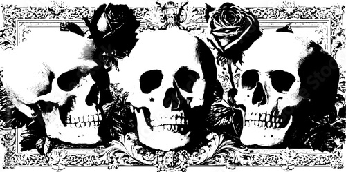 Skulls and roses in black and white. Detailed vector illustration with a decorative design set.