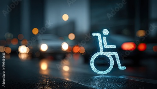 Glowing wheelchair symbol on city street at night